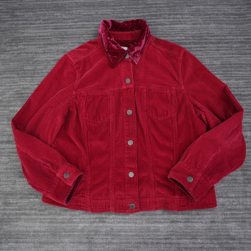 J. Jill Women Red‎ Corduroy Jacket Velvet Collar Button Front Cranberry Large